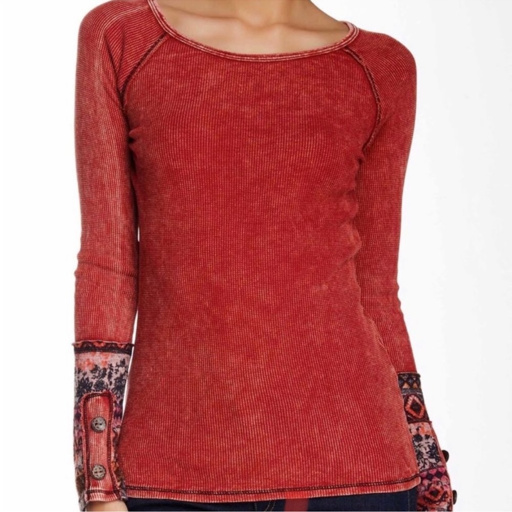 Able Thermal Raglan Wine Wash waffle knit Embellished Cuffs LS top size 1XL EUC